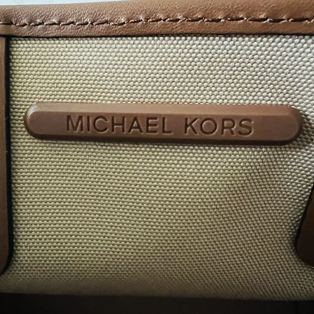 MICHAEL KORS Jodie Luggage Brown Tan Logo Print Small Tote Bag
